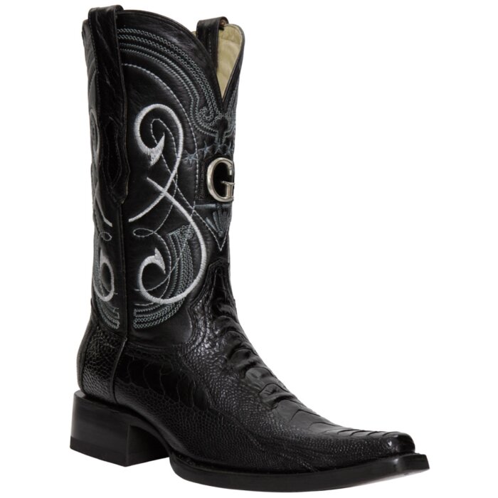 El General 45067 ostrich leg leather cowboy boots in black with Versace toe.
