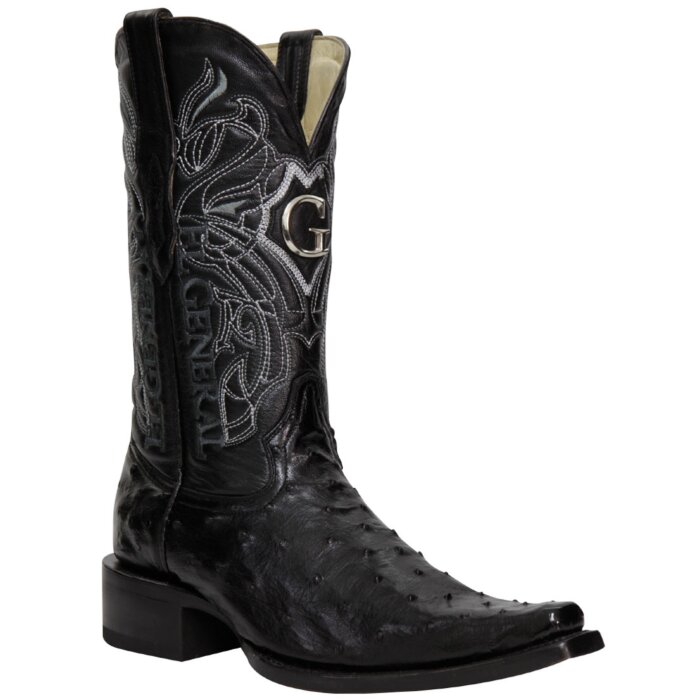 Botas vaqueras negras de piel de avestruz de El General con diseño de horma Versace.