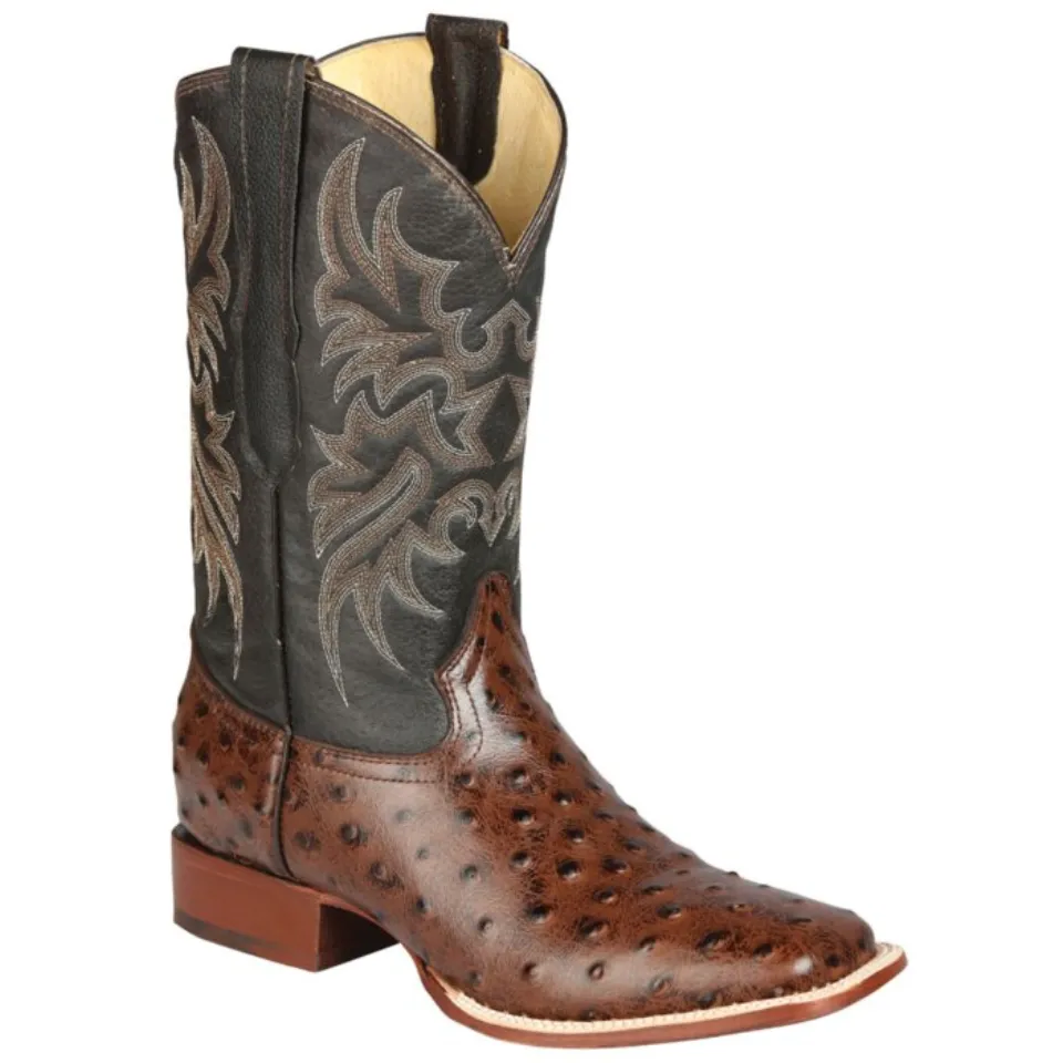 Ostrich print brown boots with bulldog toe and leather outsole.
