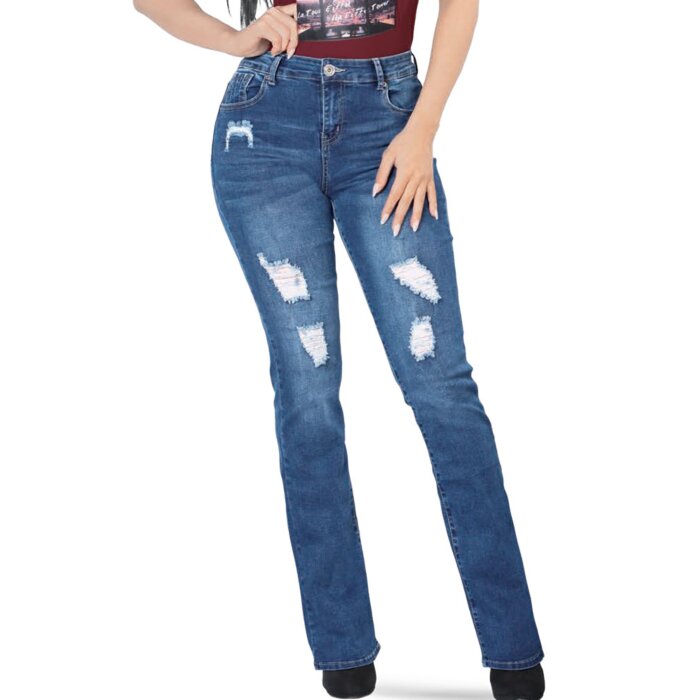 Jeans rasgados de moda para dama en mezclilla azul