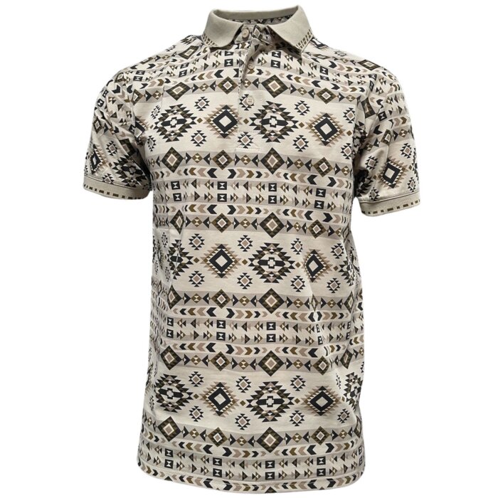 Polo beige para caballero con estampado azteca en tonos marrón y negro, con cuello en contraste – Lamasini 28220.