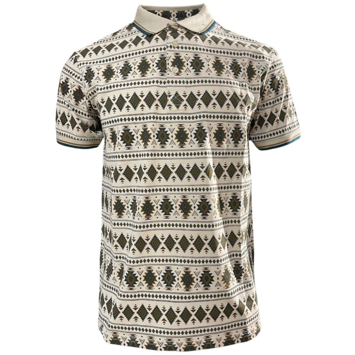 Polo beige para caballero Lamasini 28222 con estampado geométrico de inspiración vaquera y cuello en contraste.