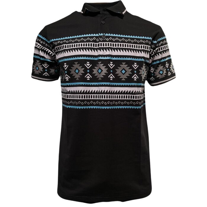 Lamasini 28219 men’s black polo shirt with Aztec print in gray, white, and turquoise, featuring a contrast collar.