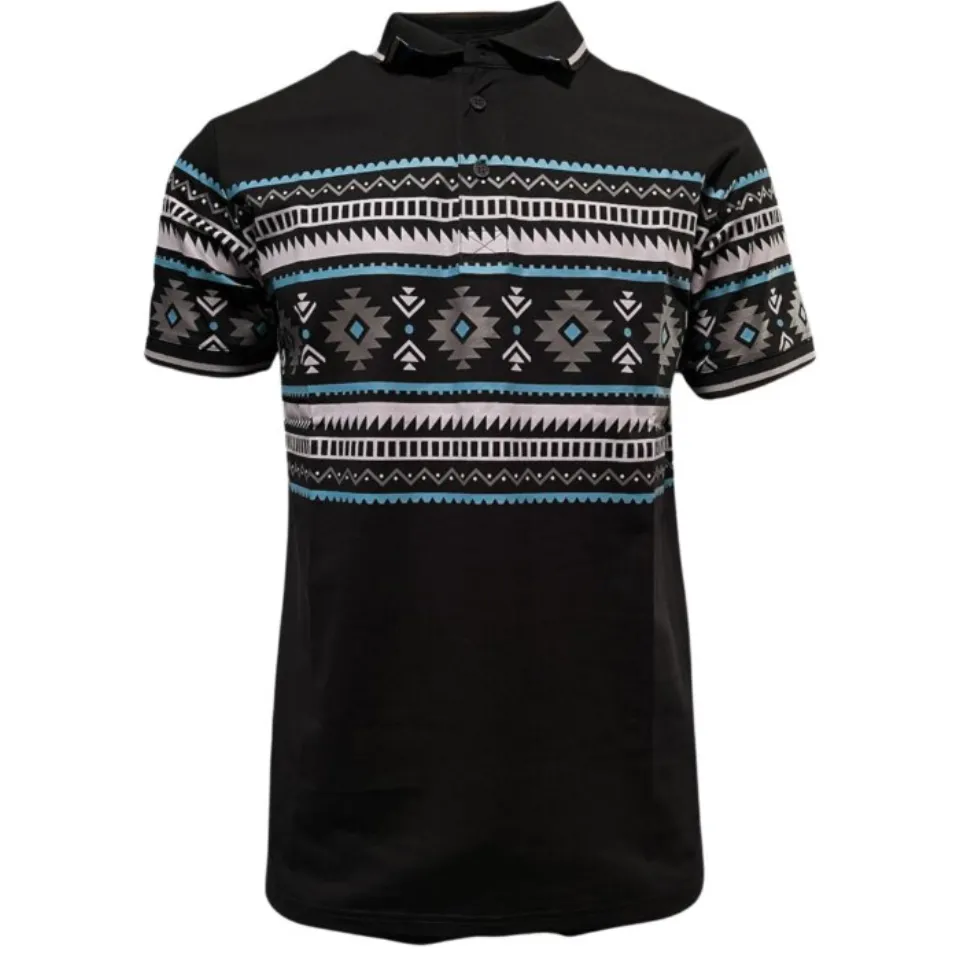 Lamasini 28219 men’s black polo shirt with Aztec print in gray, white, and turquoise, featuring a contrast collar.