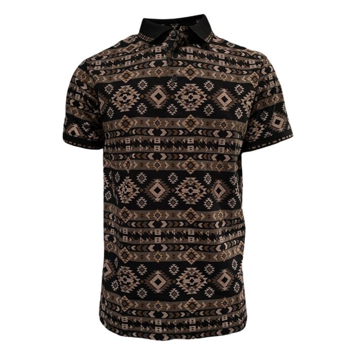 Lamasini 28220 men’s black polo shirt with earth-tone Southwestern tribal pattern and classic collar.