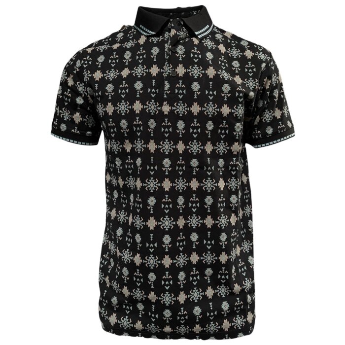 Lamasini 28221 men’s black polo with an all-over geometric print in soft pastel tones and a classic ribbed collar.