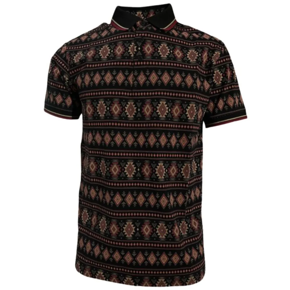 Lamasini 28222 men’s black polo featuring a detailed Western-inspired geometric pattern with earth-tone accents.