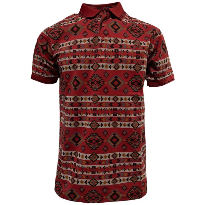 Polo para caballero Lamasini 28220 en color vino con estampado tribal geométrico y cuello clásico.