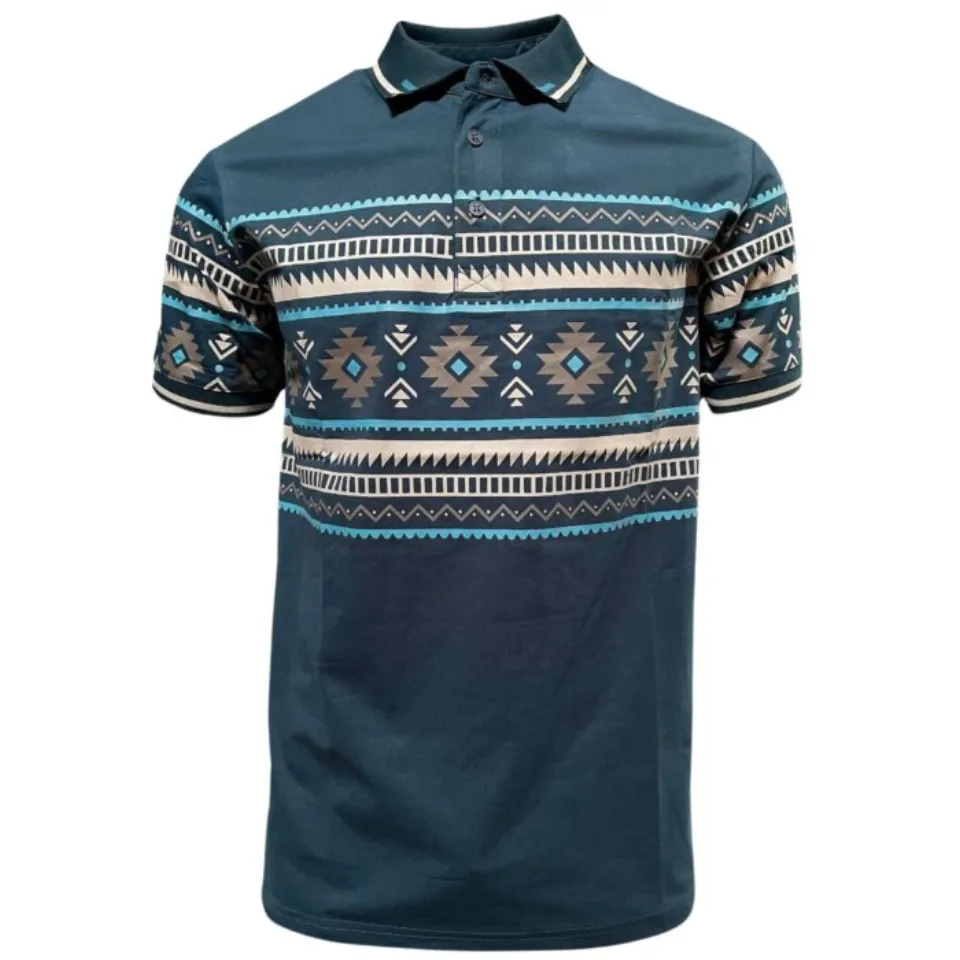 Lamasini 28219 men’s navy blue polo shirt with beige and turquoise Aztec print and contrast collar.