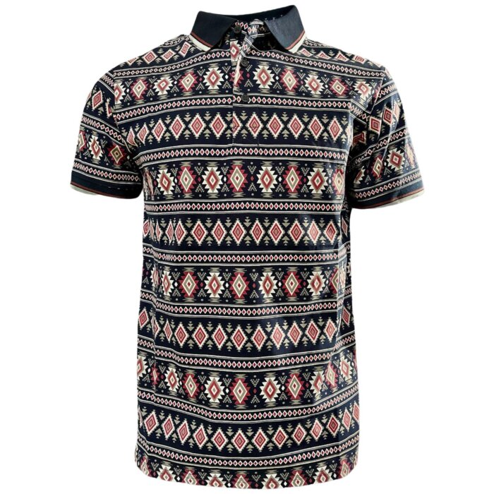 Lamasini 28222 men’s navy polo with a Southwestern-inspired geometric pattern and contrast collar.