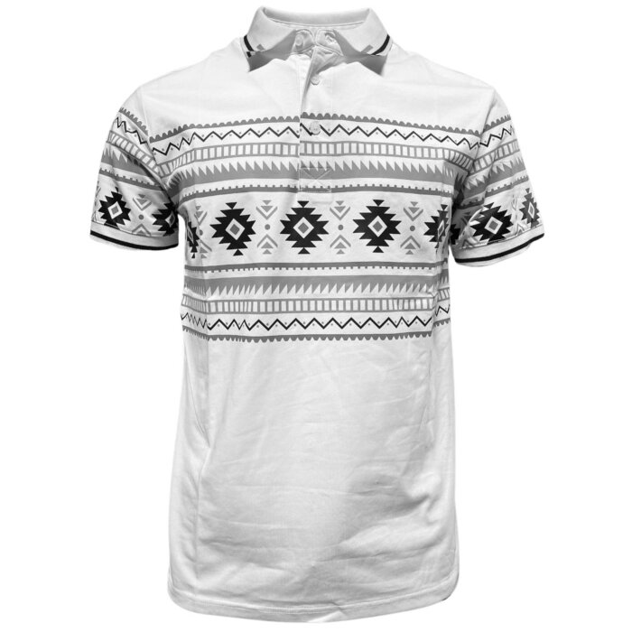 Lamasini 28219 men’s white polo shirt with black and gray Aztec print and contrast collar.