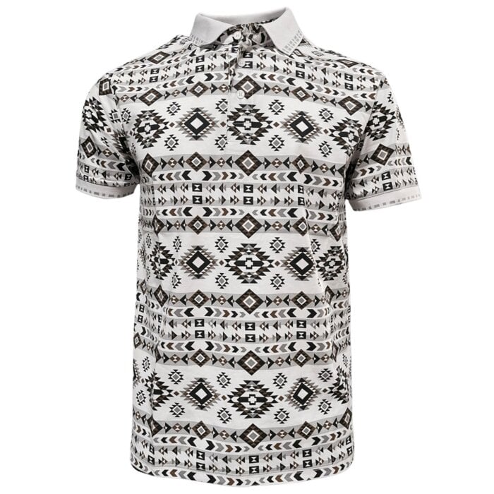 Lamasini 28220 men’s white polo shirt with black and brown Aztec print and a stylish contrast collar.