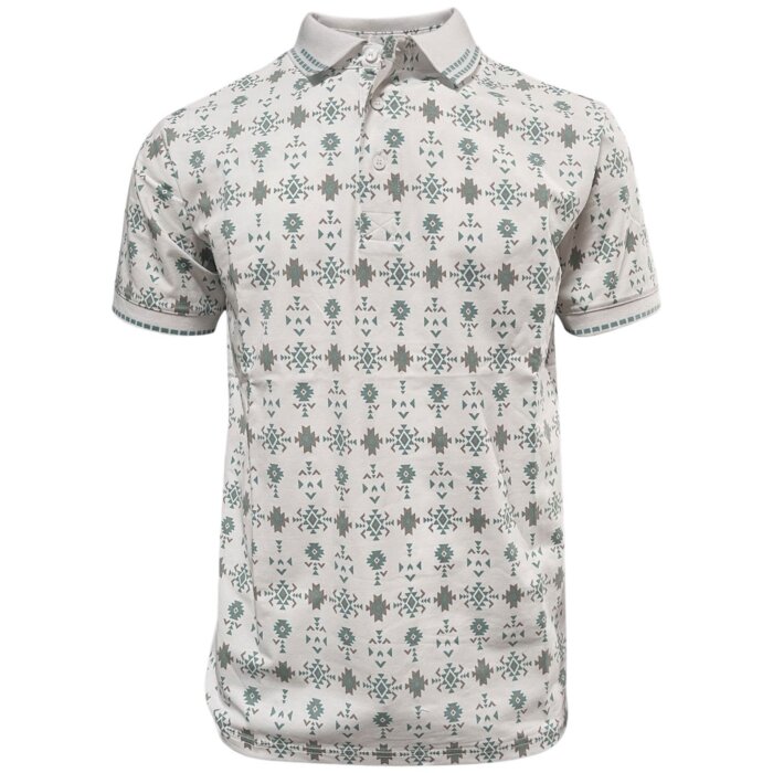 Lamasini 28221 men’s white polo with a soft-toned Southwestern geometric print and ribbed collar.