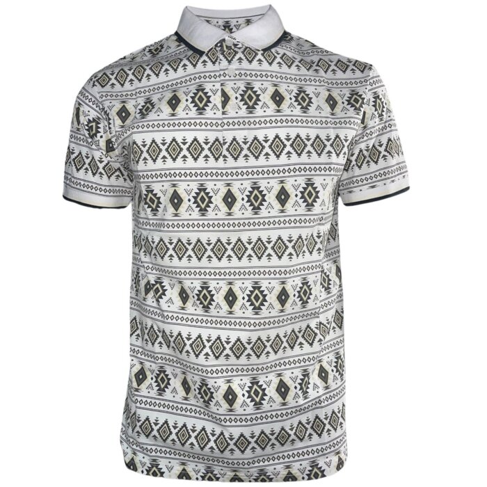 Lamasini 28222 men’s white polo with a Western geometric pattern and contrast collar.