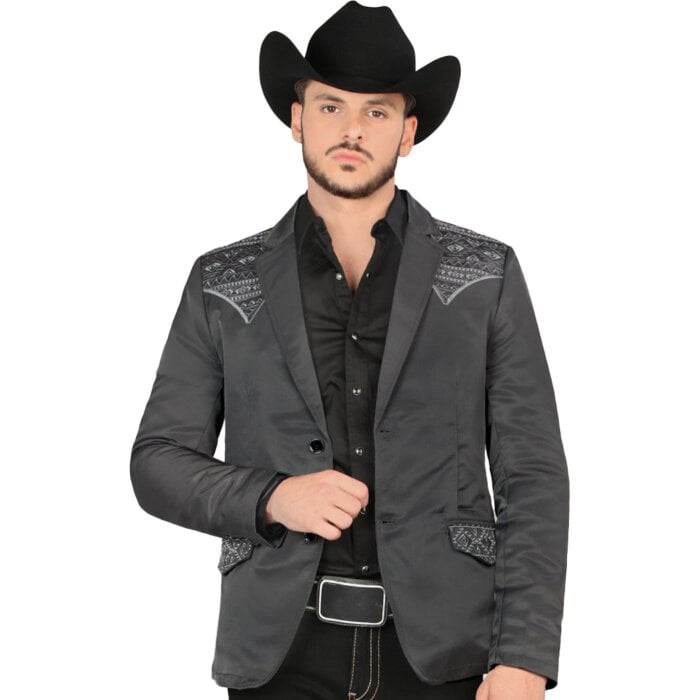 Montero 2181 Charcoal blazer, featuring intricate embroidery on the shoulders and pockets, modeled by a man wearing a black cowboy hat and shirt.