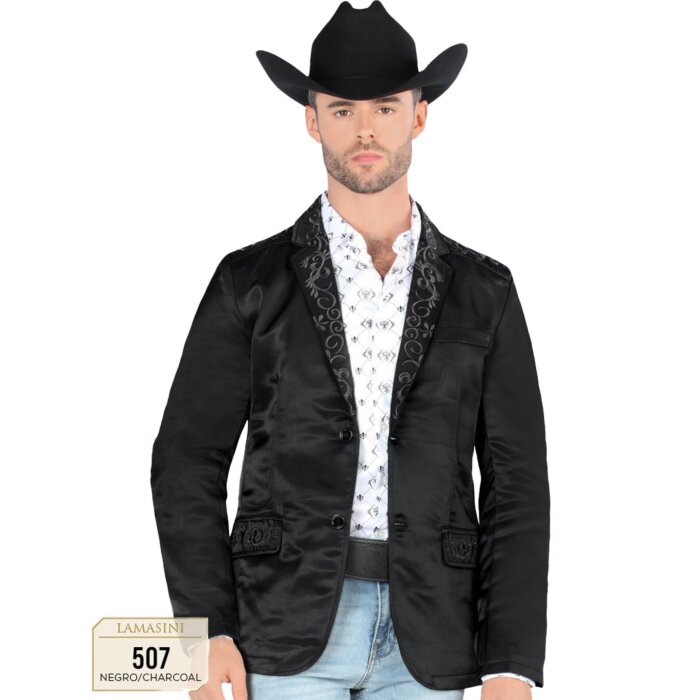 Saco Negro Solapa Bordada En Color Charcoal Lamasini 507