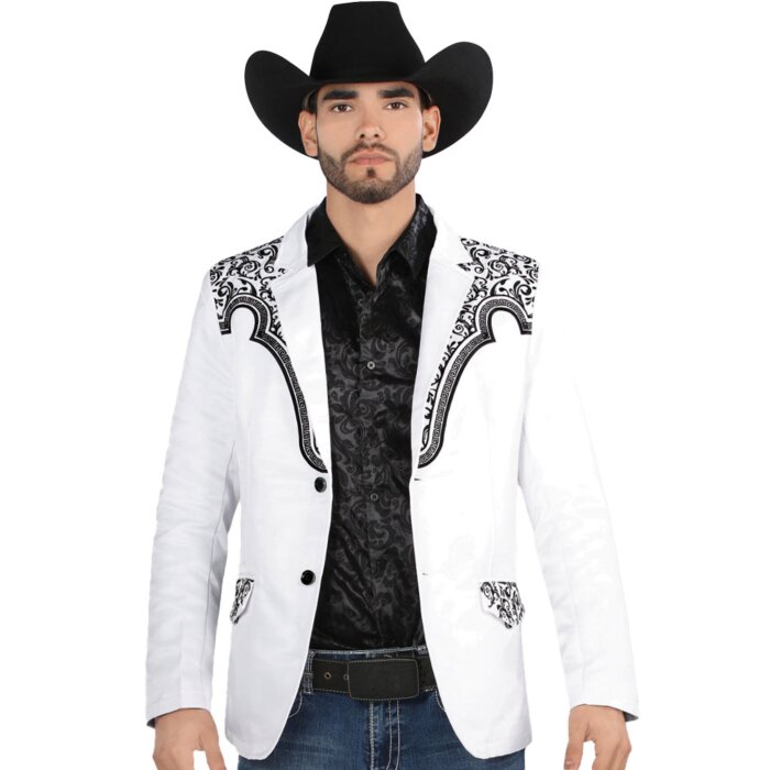 Image of a man wearing a white embroidered blazer with a black shirt.