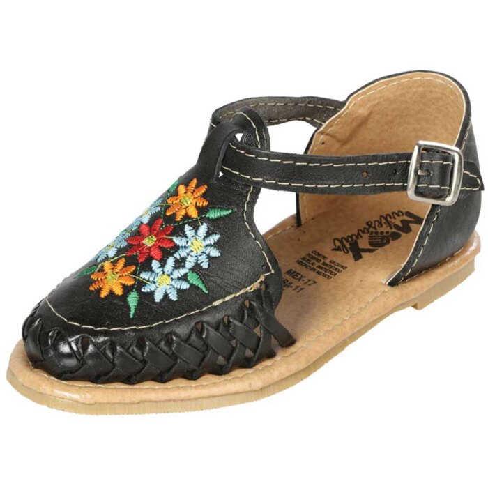 Huarache Artesanal Para Niña Bordado Flores 603481 Negro
