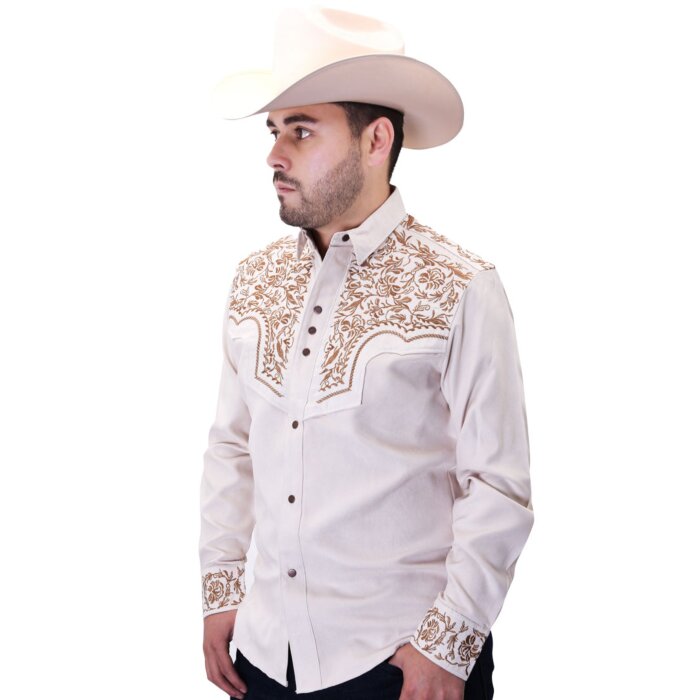 Embroidered Suede Western Shirt Beige Color