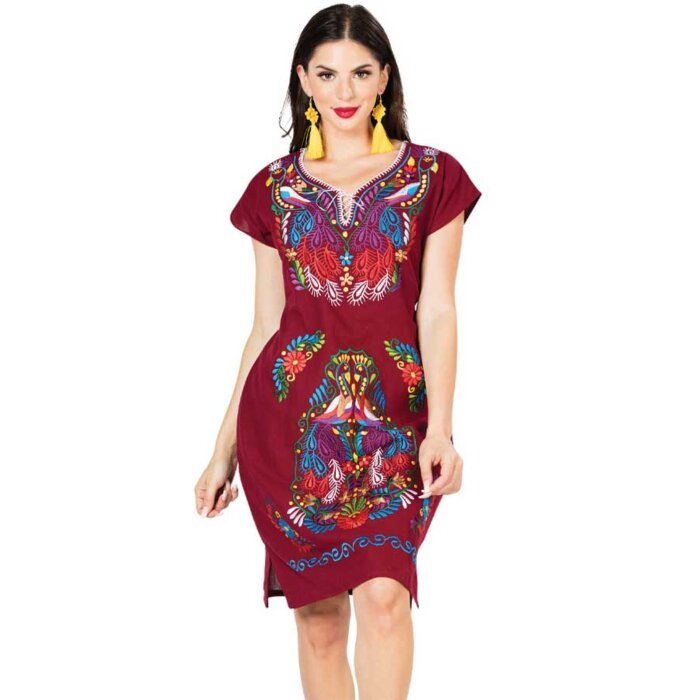 Vestido Bordado Artesanal 603095 Color Vino