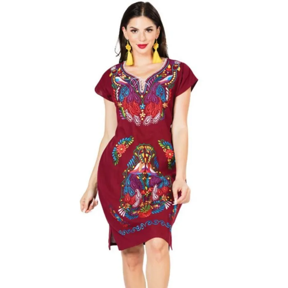 Vestido Bordado Artesanal 603095 Color Vino