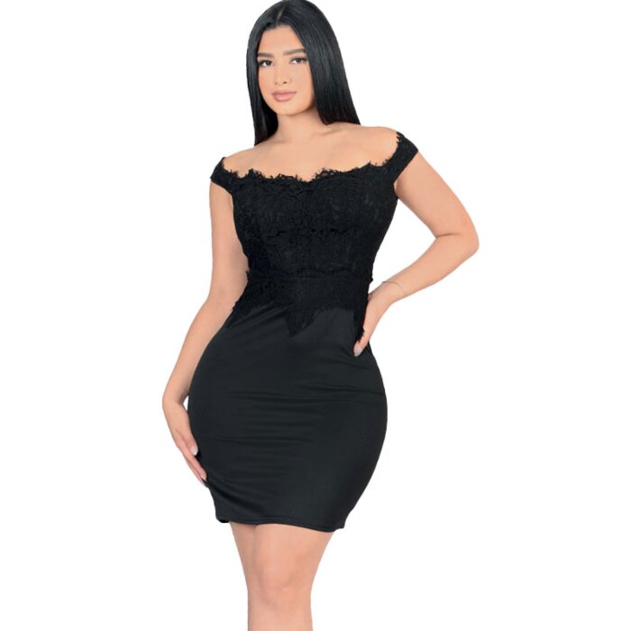 Vestido Para Coctel Color Negro Con Encaje Lamasini 5755