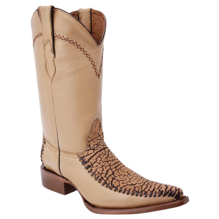 Botas vaquera de hombre, piel cuello de toro, tejido, White Diamonds Boots 086 Camel