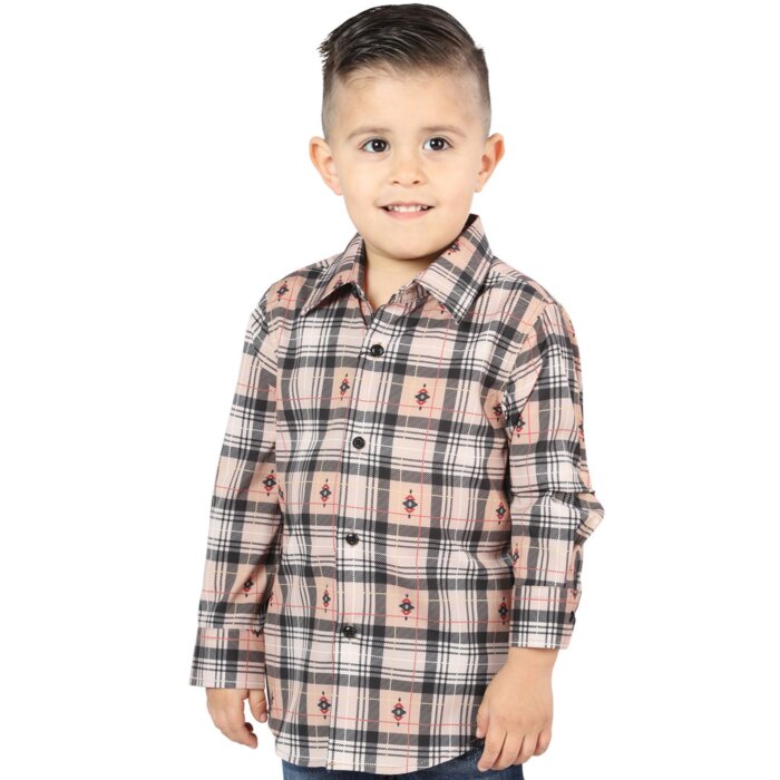 Boy’s Western Shirt in Beige-Black Plaid, Long Sleeve Version – El General 44732