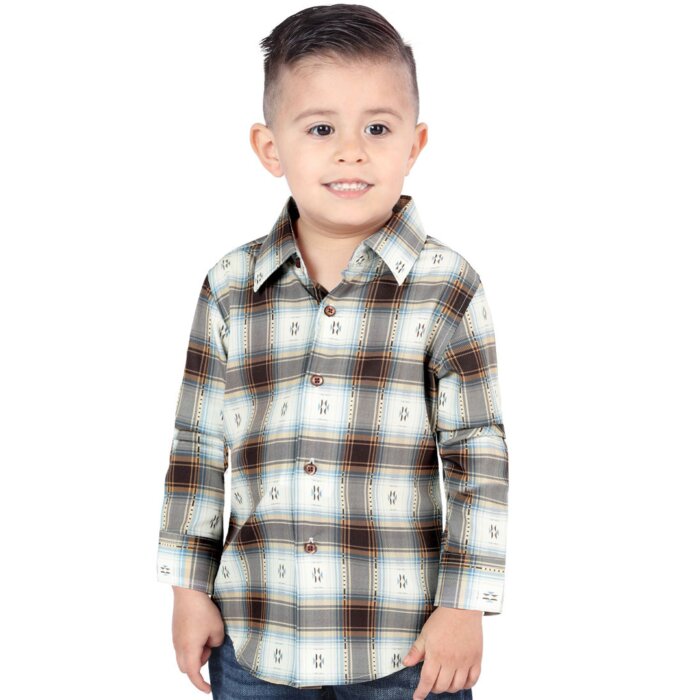 Boy's Western Shirt in Brown-Sand Plaid by El General 44734 with Regular Buttons
