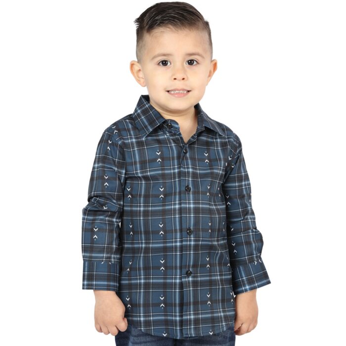 Boys’ Western Shirt in Navy-White Plaid, Long Sleeve Version – El General 44740