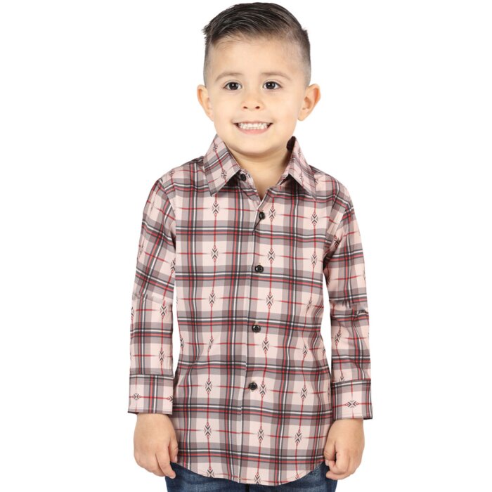 Boy’s Western Shirt in Beige-Red Plaid, Long Sleeve Version – El General 44745
