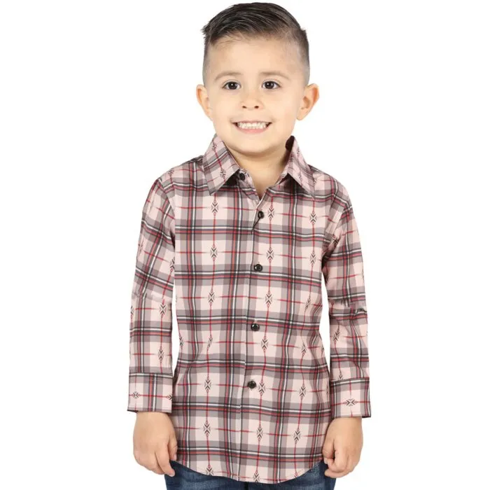 Boy’s Western Shirt in Beige-Red Plaid, Long Sleeve Version – El General 44745