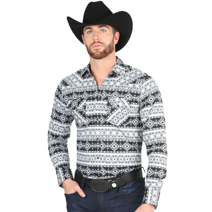 Men's Black and White Western Shirt with Geometric Print – El General 44393