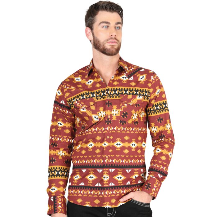 Camisa Vaquera para Hombre Ladrillo con Estampado Geométrico Tribal – El General 44420