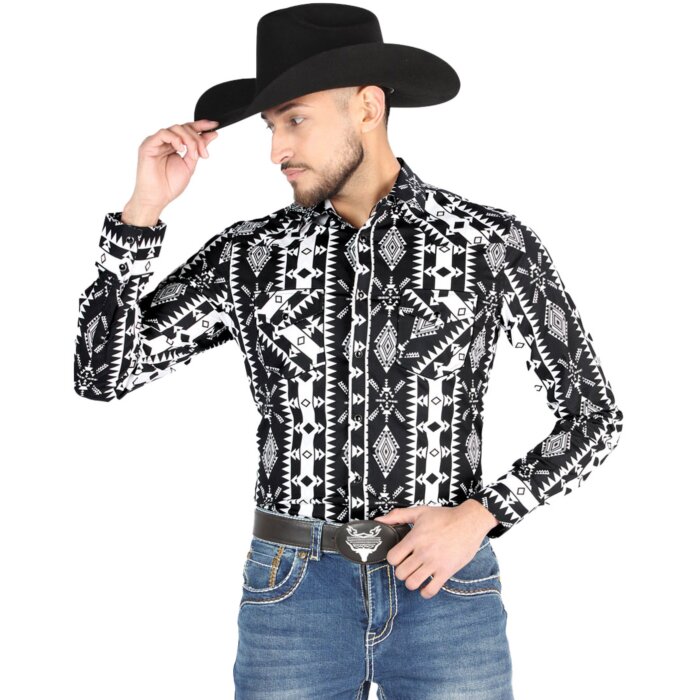 Men's Black Western Shirt with Geometric Print – El General 44501