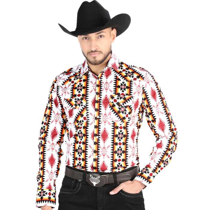 Men's White Western Shirt with Red and Yellow Geometric Print – El General 44502