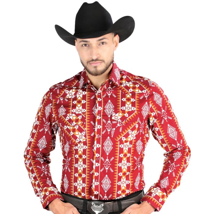 Men's Burgundy Geometric Western Shirt with White and Mustard Accents – El General 44503