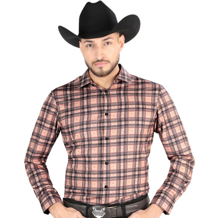 Men’s Western Shirt in Beige-Black Plaid with Aztec Accents by El General 44697