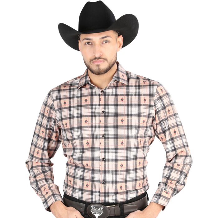 Men’s Western Shirt in Beige-Black Plaid with Aztec Accents by El General 44698, Available in Long or Short Sleeve