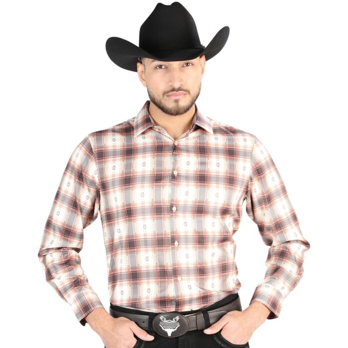 Men’s Western Shirt in Orange-Beige Plaid, Long Sleeve Version – El General 44699