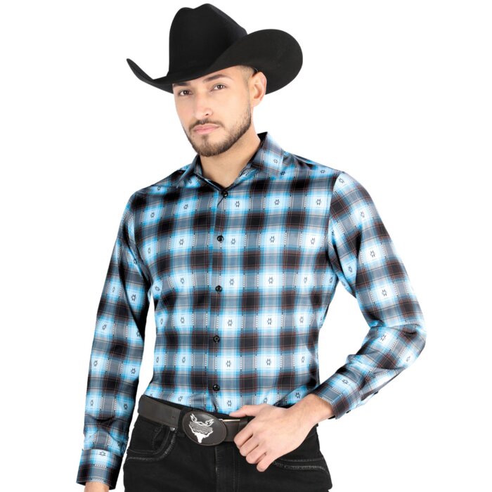 Men's Blue-Black Western Shirt in Plaid Design, Available in Short or Long Sleeves, Made from Polyester-Spandex Blend.