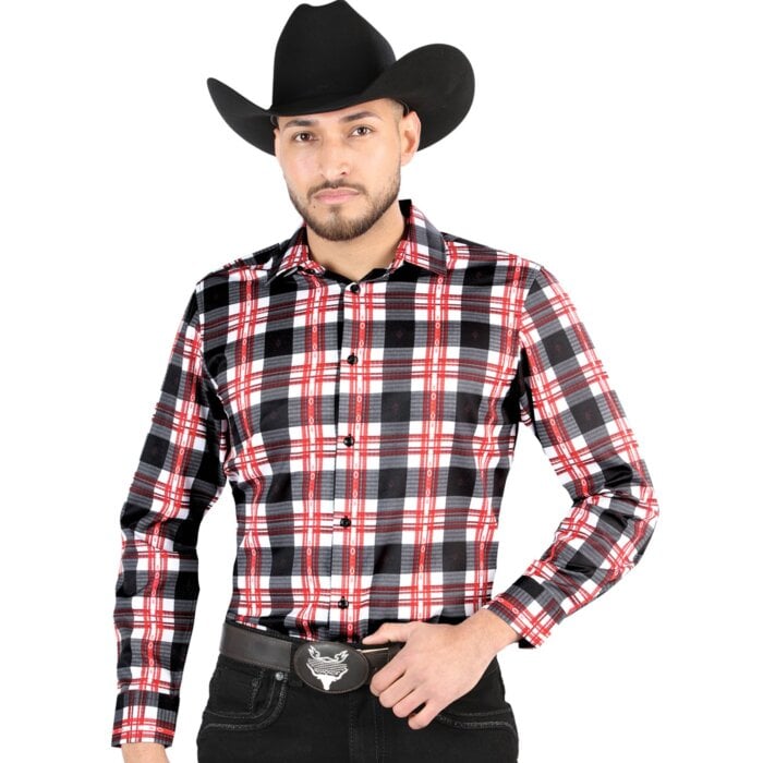Men’s Western Shirt in White-Red Plaid by El General 44707, Available in Long or Short Sleeve