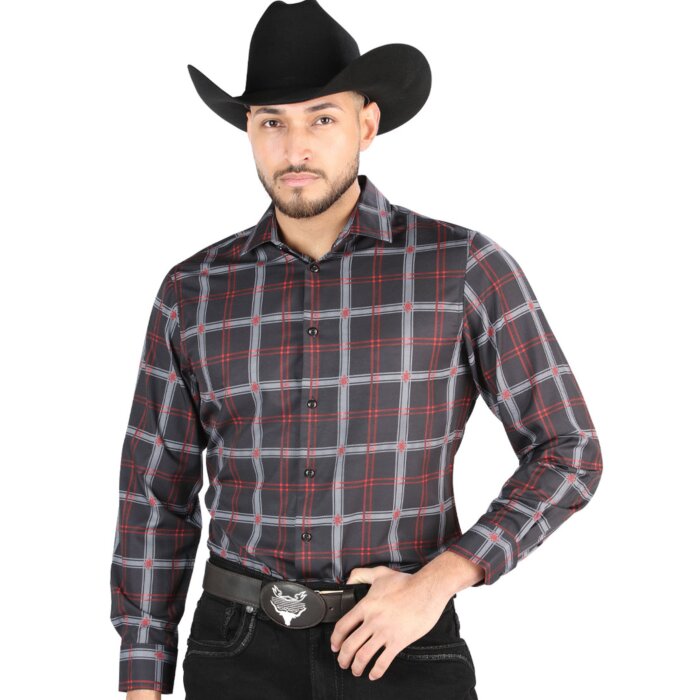 Men’s Western Shirt in Black-Gray Plaid, Long Sleeve Version – El General 44709