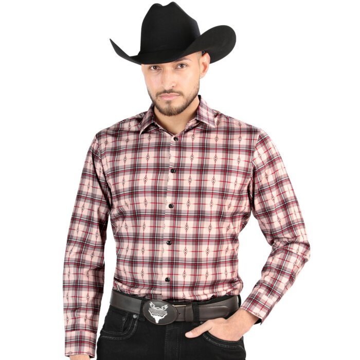 Men’s Western Shirt in Beige-Red Plaid by El General 44711, Available in Long or Short Sleeve