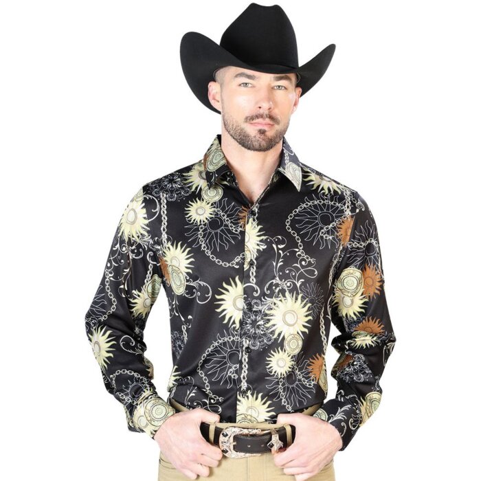 Camisa Negra Estampado De Soles Y Cadenas De Oro El Señor De Los Cielos 43992