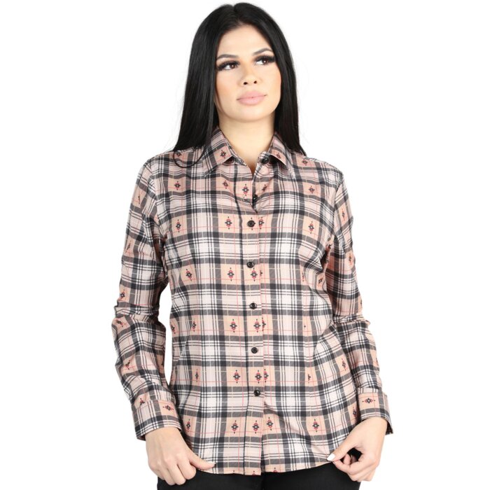 Women’s Western Shirt in Beige-Black Plaid, Long Sleeve Version – El General 44715