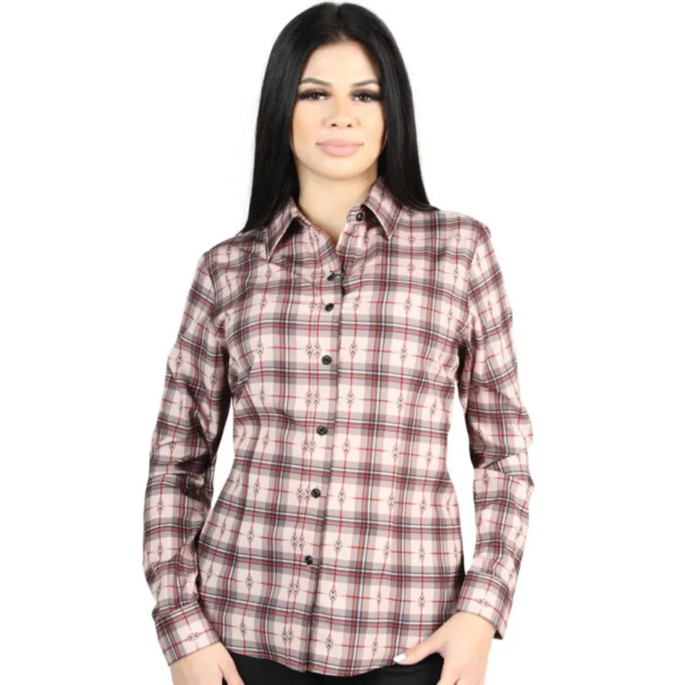 Camisa Vaquera para Mujer a Cuadros Beige-Rojo, Versión de Manga Larga – El General 44728