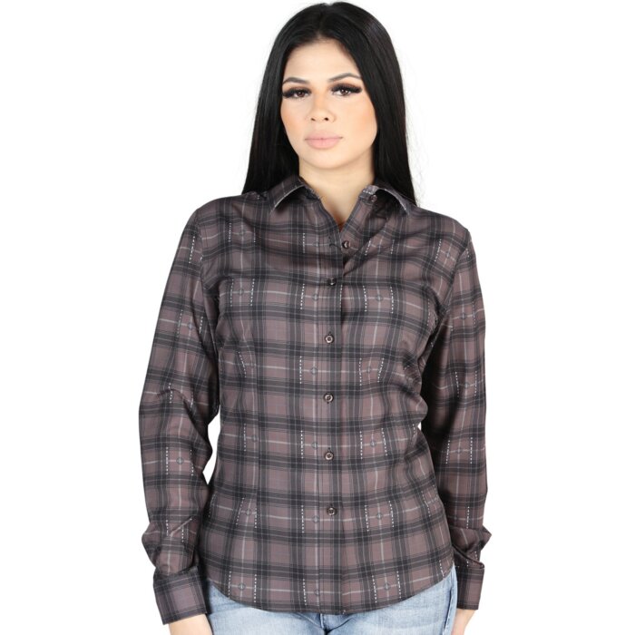 Camisa Vaquera para Mujer a Cuadros Moka-Olivo, Versión de Manga Larga – El General 44729