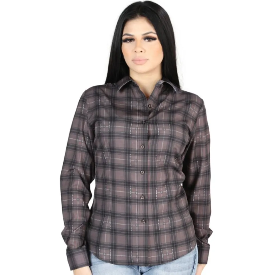 Camisa Vaquera para Mujer a Cuadros Moka-Olivo, Versión de Manga Larga – El General 44729
