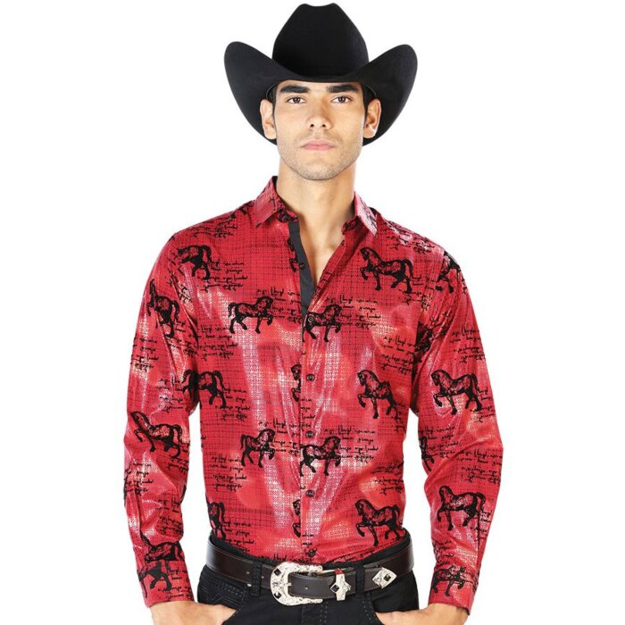 Camisa El Señor De Los Cielos 43595 Color Vino Diseño De Caballos Negros